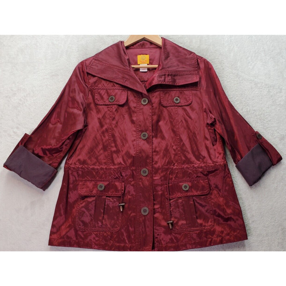 Ruby Rd. Jacket Womens Petite 12 Maroon Metallic Pockets Button Front Drawstring - Picture 1 of 8